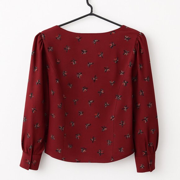 Red Floral Button-Front Blouse - Square Neck, Long Sleeves - Picture 2 of 2